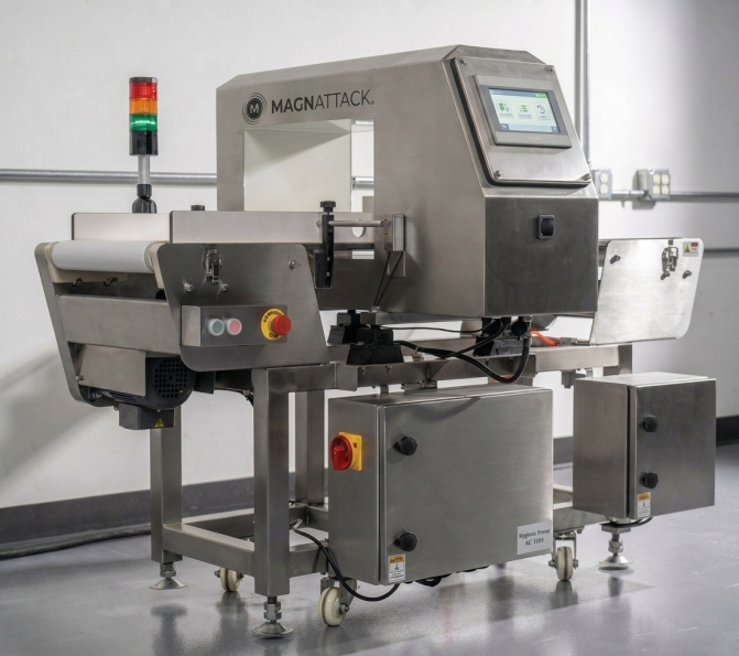 Industrial stainless-steel packaging machine with conveyor and touchscreen control panel (Magnattack), set on a wheeled frame in a clean factory.