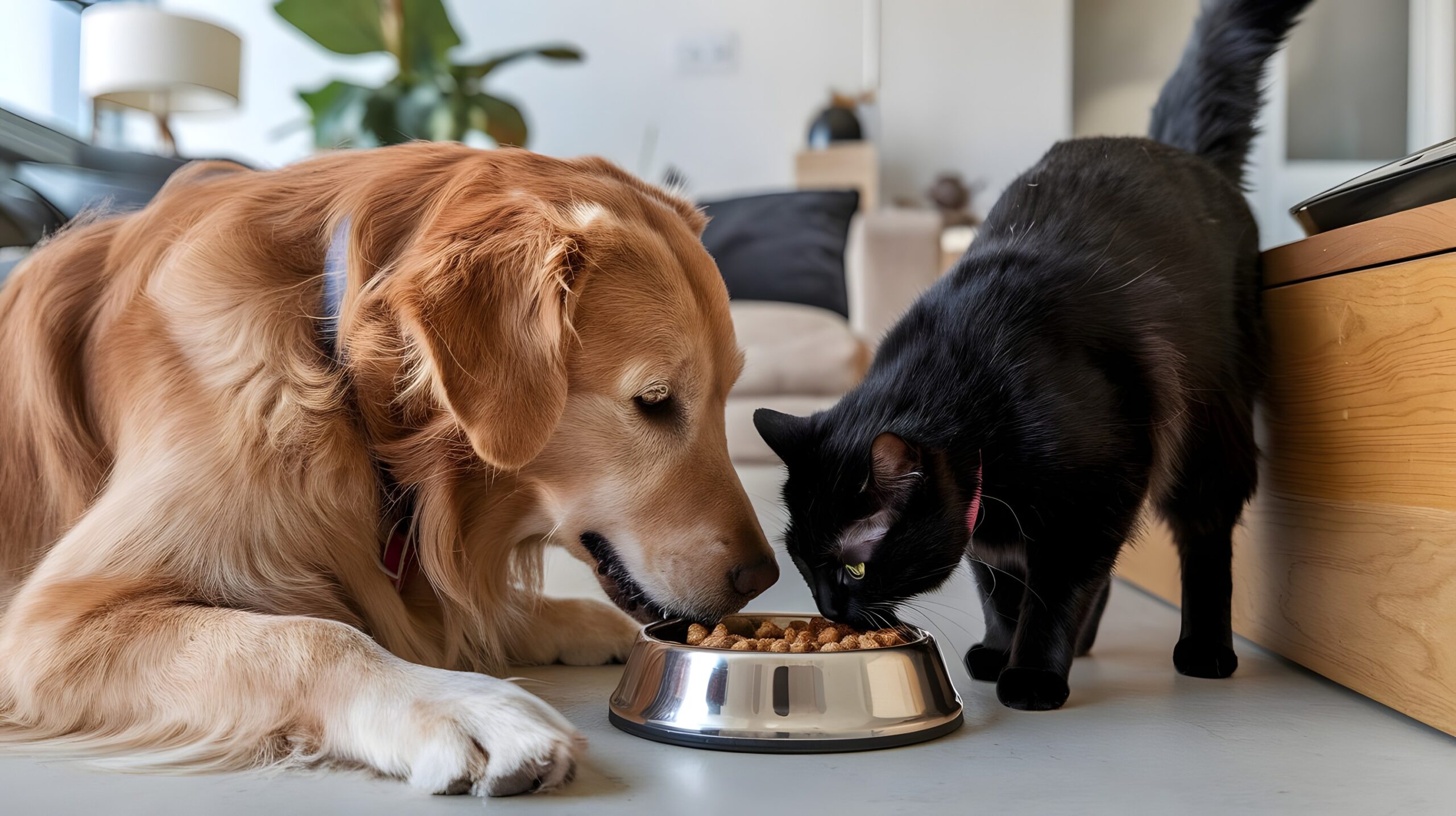 Golden retriever and black cat eating from a shared food bowl, highlighting the importance of metal contamination control in pet food processing.