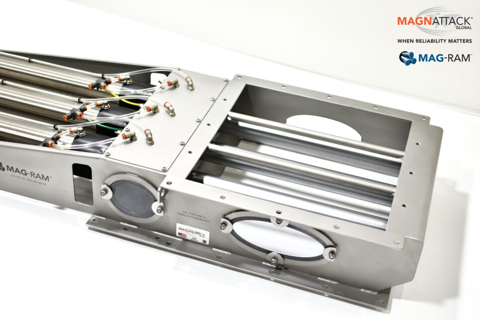 Magnattack Mag-Ram self-cleaning magnetic separator, designed for automated metal fragment removal in food processing applications