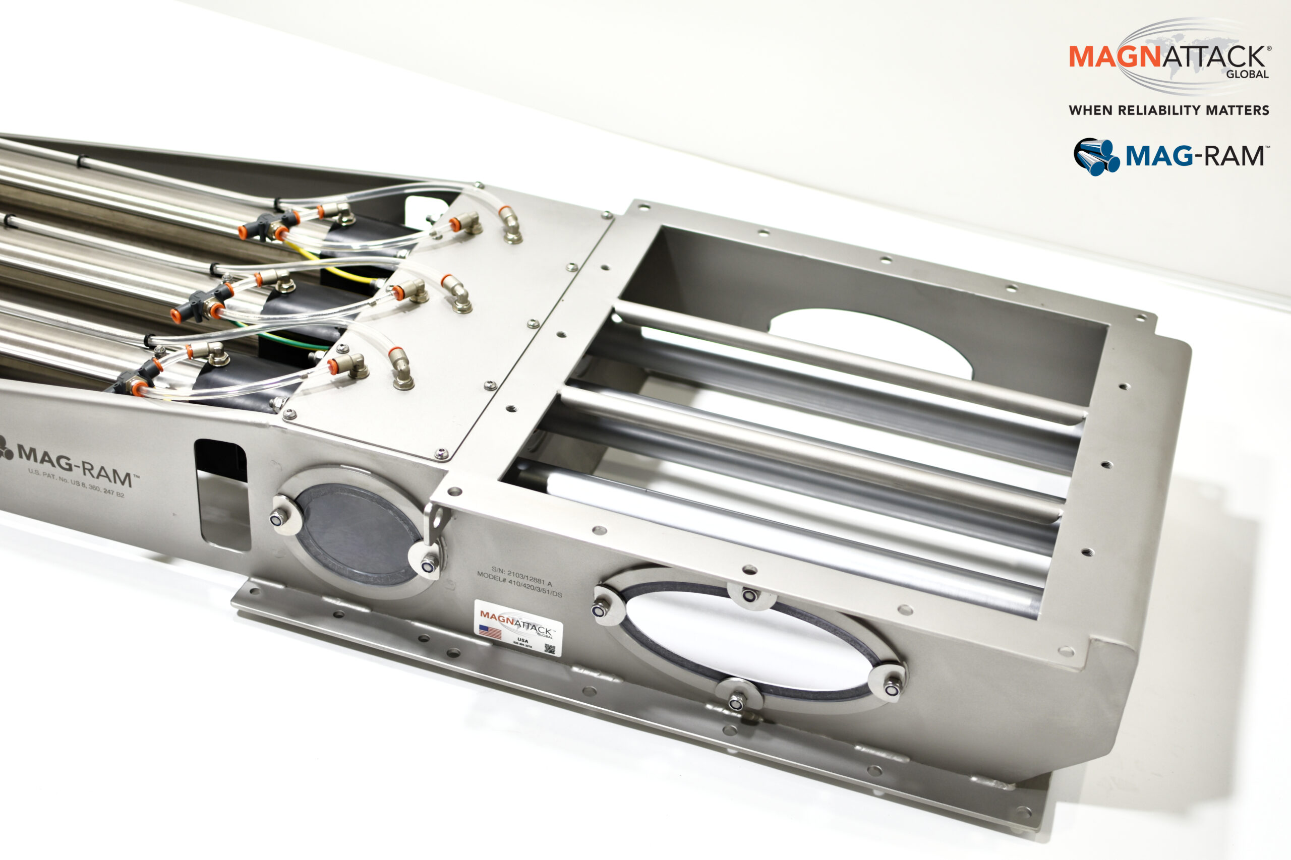 Magnattack Mag-Ram self-cleaning magnetic separator, designed for automated metal fragment removal in food processing applications