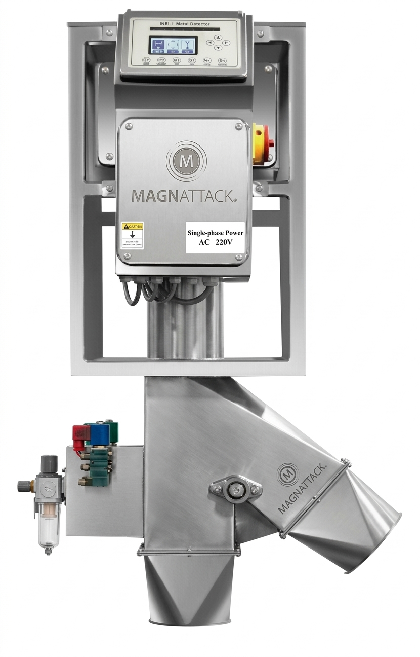 Industrial Magnattack metal detector on a stainless steel frame with a control panel and downstream chute, for bulk material safety.