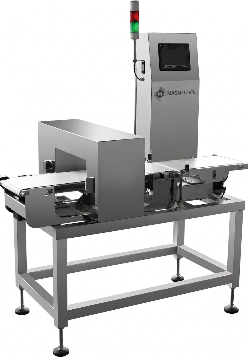 Industrial magnetic separation system on a conveyor with a control panel and indicator lights at the top.