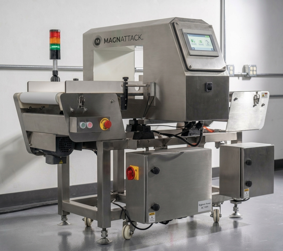 Industrial stainless-steel packaging machine with conveyor and touchscreen control panel (Magnattack), set on a wheeled frame in a clean factory.