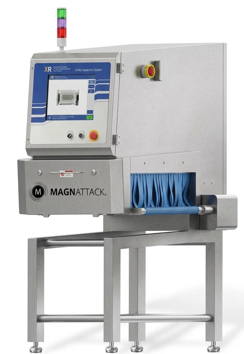 Industrial X-ray inspection machine on a stainless stand, with control panel, status light stack, and blue belt feed system